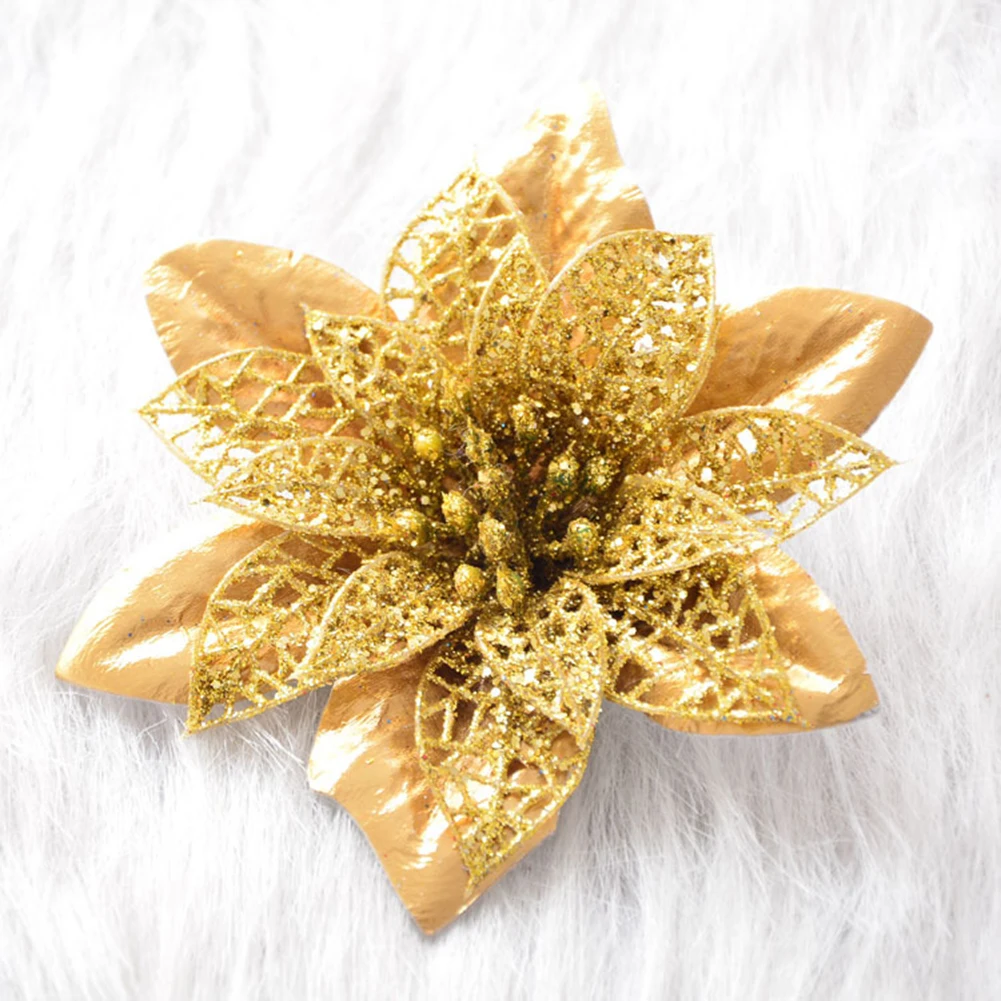 Gold 12cm Большие искусственные цветы для рождественского декора, блестящие Искусственные цветы Poinsettia, сделай сам, украшение для дома, Рождества, Нового года, цветок для свадьбы - Цвет: Gold 12cm