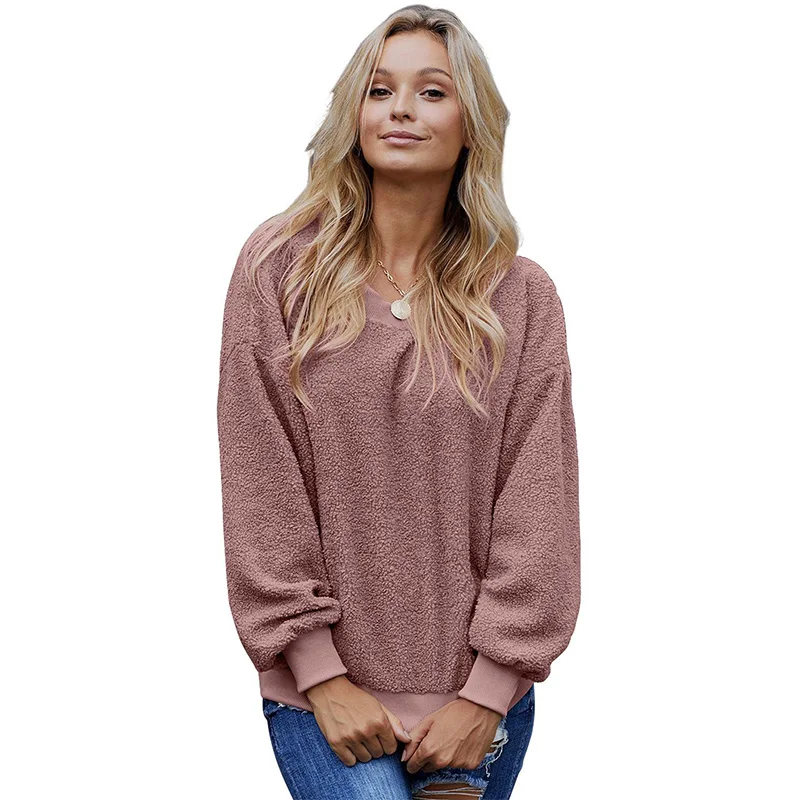 LIVA GIRL махровая нить плюс размер кашемировый свитер и худи женские зимние осенние повседневные теплые с круглым вырезом однотонные Топы пуловер - Цвет: Розовый