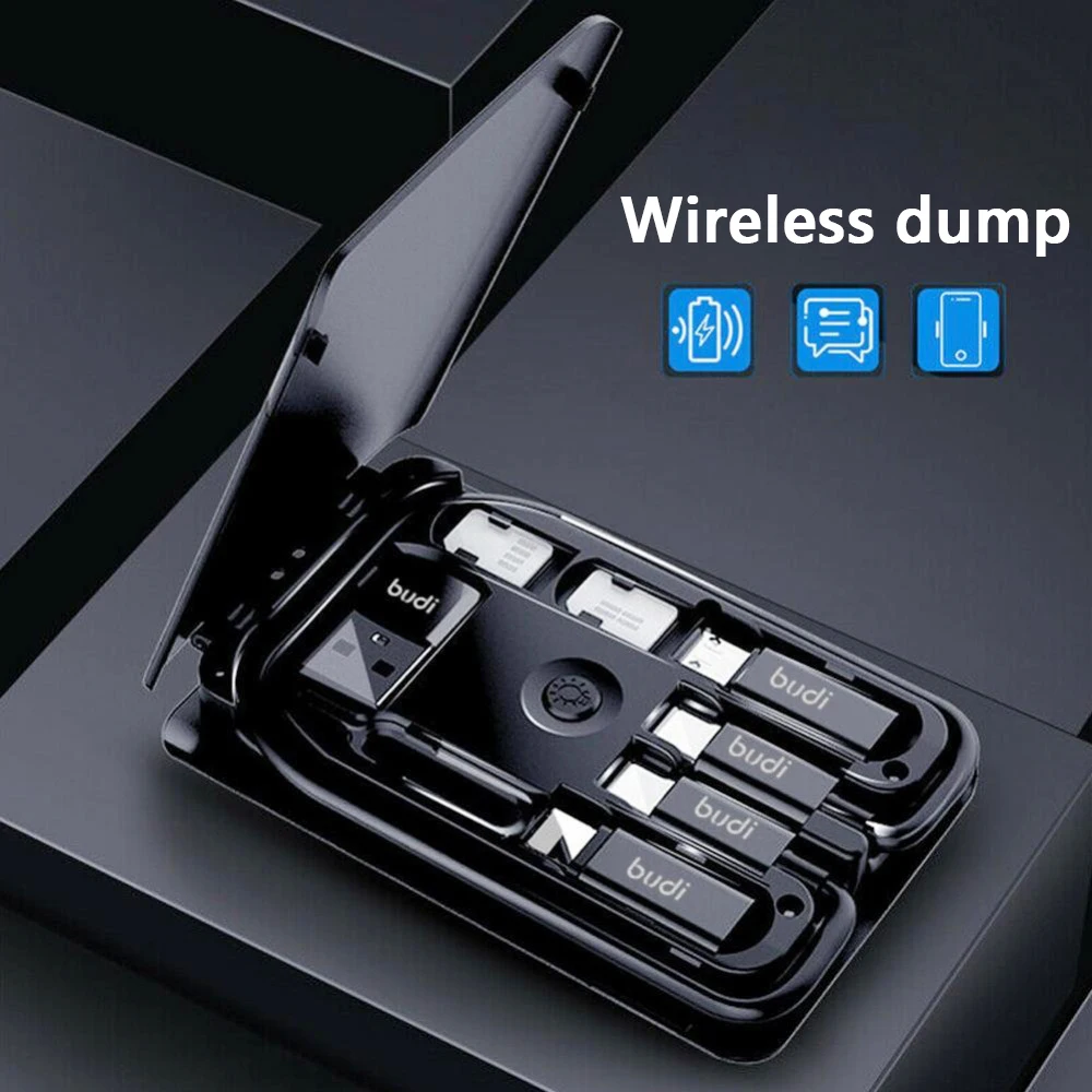

BUDI Multi-function Smart Adapter Card Storage Data Cable USB Box Universal 15w Wireless Charger for iPhone Huawei Xiaomi