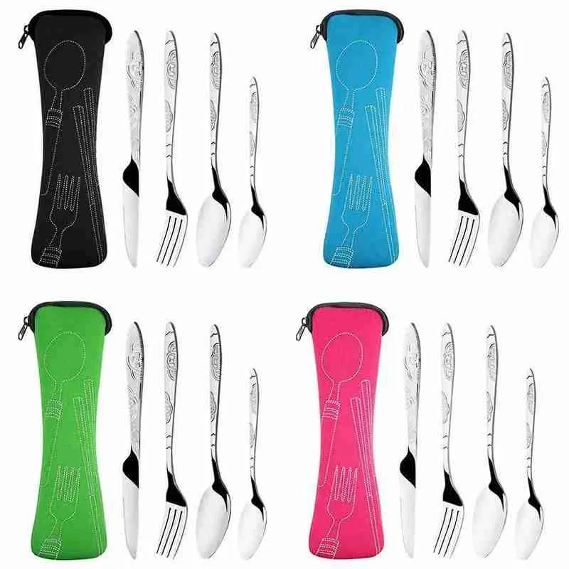 4pcs Steel Knifes Fork Spoon Family Travel Camping Cutlery Eyefuldiving Bag Picnic Steak Steel Cutlery Set