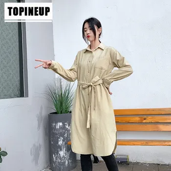 

Spring Women's casual lapel Solid color Slim belt over-the-Knee Long women dress