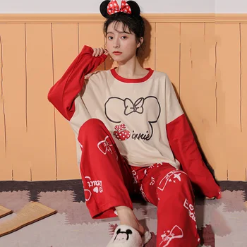 

Cute cartoon print 2020 autumn and winter long-sleeved O-neck ladies loose pajamas set pure cotton high quality pajamas home