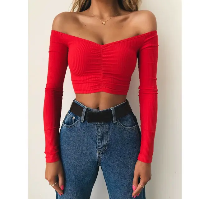 New Fashion Women Ladies Long Sleeve Plain Casual Off Shoulder Blouse Top  Slim Fit Crop Short Shirt Black Red White|T-Shirts| - AliExpress