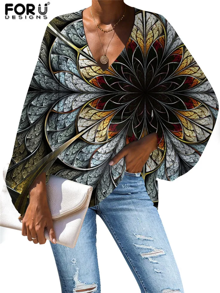 

FORUDESIGNS 3D Fashion Flower Printing Ladies Tops Loose Long Sleeve Girls Large Size Blouse Chiffon Casual Ladies Shirt Mujer