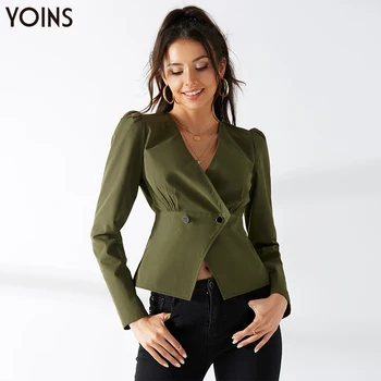 

YOINS 2020 Autumn Winter Fashion Women Coats Crossed Front V-neck Puff Sleeves Short Slim Coat Jackets Casual Work Outwear
