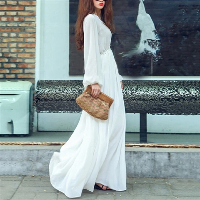 Summer Plus Size White Long Sleeve Dress For Women Elegant Maxi Chiffon Dress 3