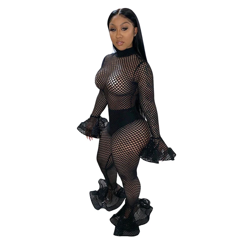

OLOEY Women Sexy Hollow Out Mesh Jumpsuit Turtleneck Long Flare Sleeve Foot Cut Pants Night Club Romper Female Fishnet Overalls