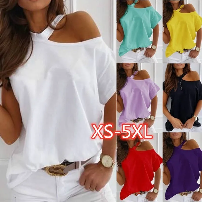 Solid White Black Yellow Tops Camisas Mujer Womens T Shirts Summer Fashion Sexy Hollow Out Shoulder Halter T-shirt Plus Size 5XL tee shirts