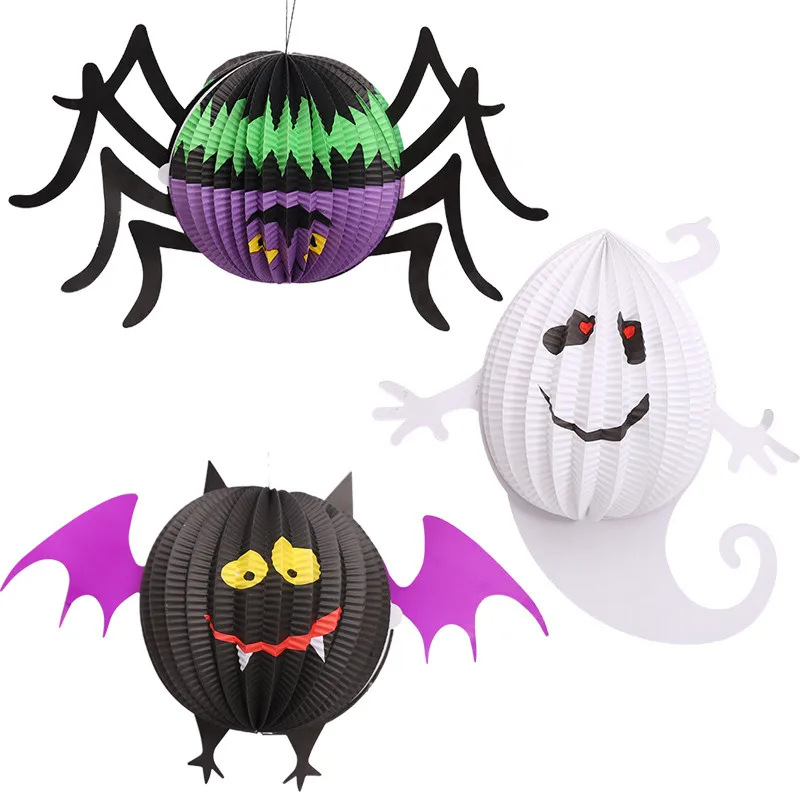

3PCS Halloween Lantern Hanging Decoration Paper Spider Ghost Bat Modeling Pumpkin Halloween Lantern Outdoor Halloween Decoration