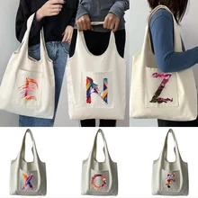 Women‘s Shopper Shopping Bags Canvas Bag Tote Bag Wind Fire Paint 26 Letters Printing Grocery Handbags Eco Portable One-shoulder