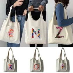 Women‘s Shopper Shopping Bags Canvas Bag Tote Bag Wind Fire Paint 26 Letters Printing Grocery Handbags Eco Portable One-shoulder