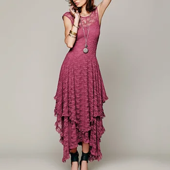 

Nice Pop Women Lace Long Dress Round Neck Sleeveless Summer Beach Party Casual Dress Pop 88