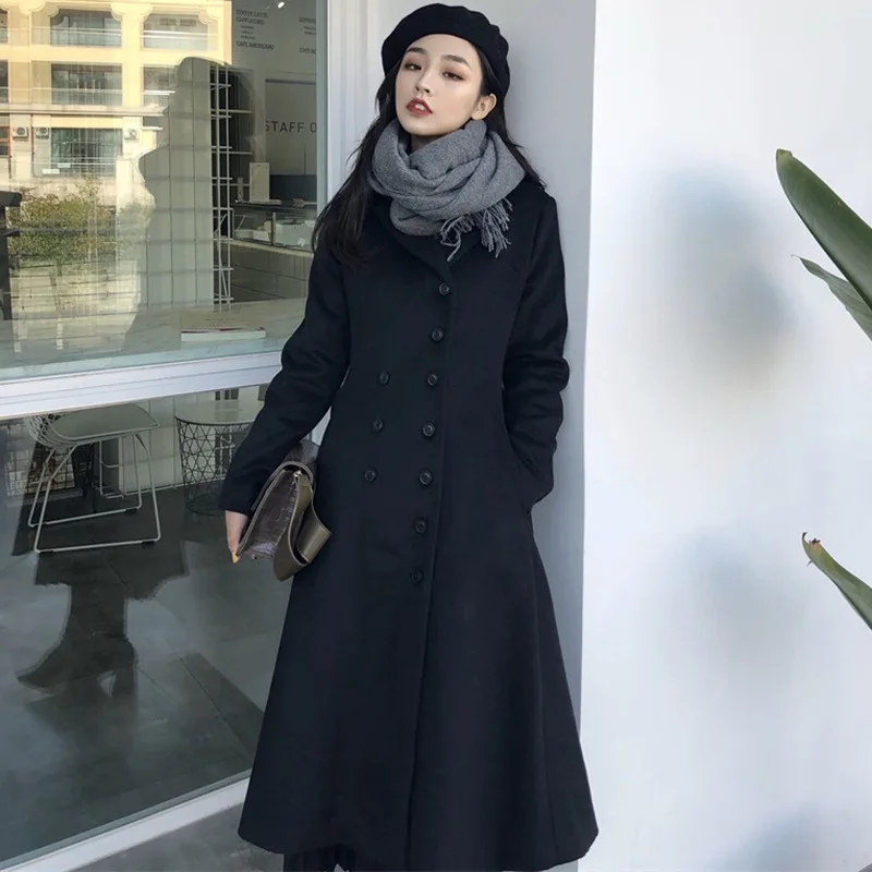 Стиль, зимняя женская одежда, популярная шерстяная куртка, Гонконгский стиль, длинный Тренч, пальто для студентов, черный и белый цвет