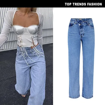 

European and American Women's High Waist Loose Straight Small Trumpet Denim Pants High and Low Irregular Pants ins Street Red