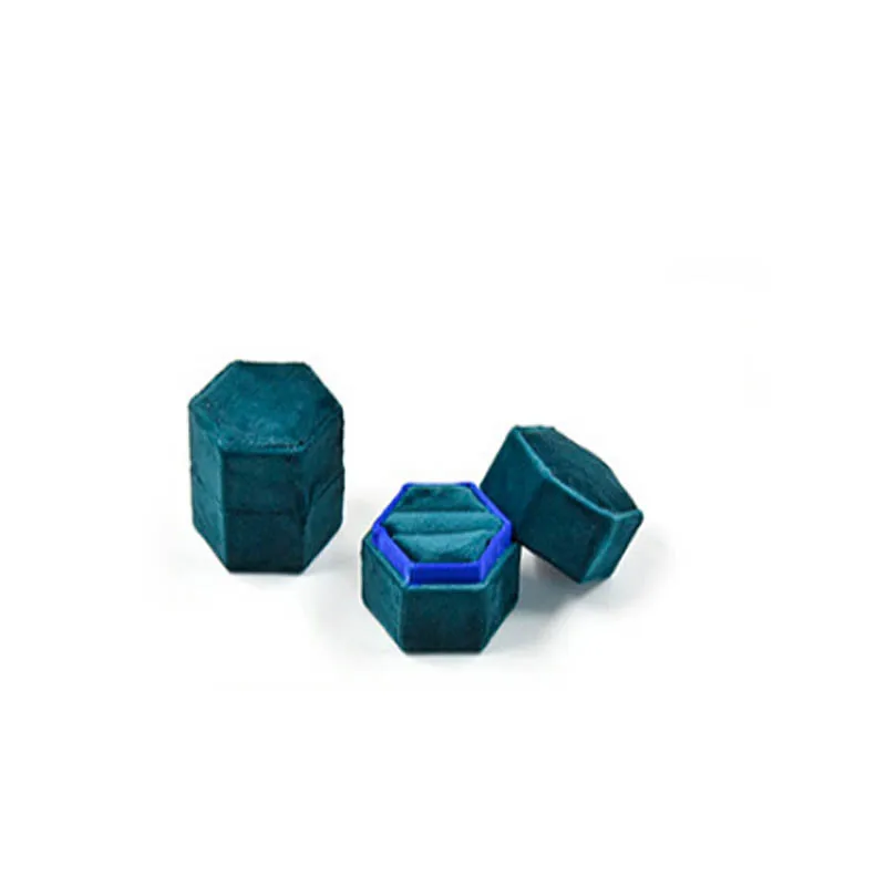 BLUE Шестигранная бархатная коробка для колец с двойными слотами для свадебной помолвки, подарочная упаковка для хранения, чехол для дисплея на День святого Валентина, потрясающая подарочная коробка - Цвет: BLUE