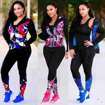

Wjustforu Casual Print Hoodies Tracksuit Women Zip Neck Jacket + Pencil Pants Female Skinny Bodycon Patchwork Two Piece Set Slim