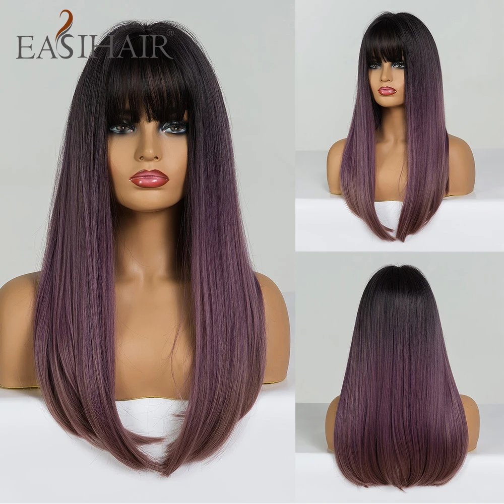 Preto a Roxo Ombre com Franja Resistente ao Calor para Mulher Easihair Peruca Cabelo Sintético Longa Liso Gluless Negra