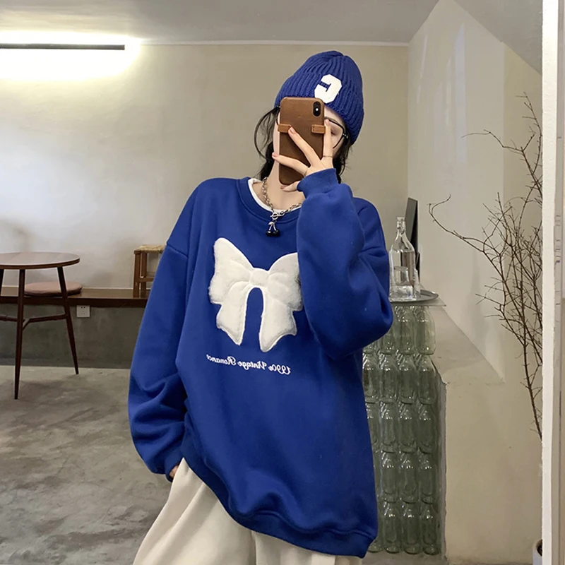 

White Big Bow Autumn Hoodies Women O-Neck Long Sleeve Casual Sweatshirts Blue Letters Embroidery Oversized Warm M667