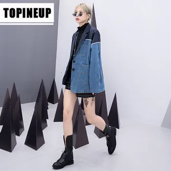 

Spring Womens Fashion Simple Button irregular Denim patchwork contrast striped suit