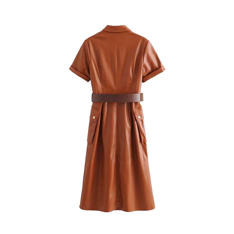 Корейский стиль модное платье миди на пуговицах с поясом женское платье shrit винтажное Повседневное платье из искусственной кожи с коротким рукавом
