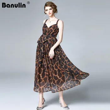 

2020 New Summer Runway Dress Women Fashion Vestidos Elegant Sleeveless Vintage Leopard Print Sexy Strap Long Chiffon Dress