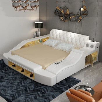 Cama de cuero auténtico suave para dormitorio, muebles de dormitorio, yatak mobilya quarto, altavoz de masaje, almacenamiento con bluetooth