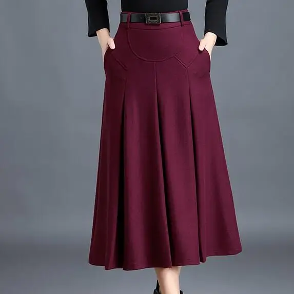 

2019 New OL Autumn Winter Women Wool Skirts Plus Size High Waist Saias Femininas Midi Pleated A-Line Skirt Female DF911