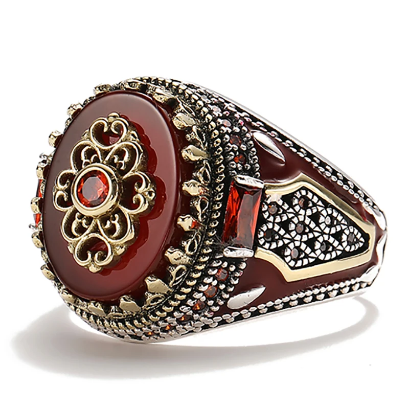 Retro Luxury Natural Red Stone Turkish Handmade Crown Ring Is Suitable for Men and Women Fashion Trend Banquet Jewelry Gifts