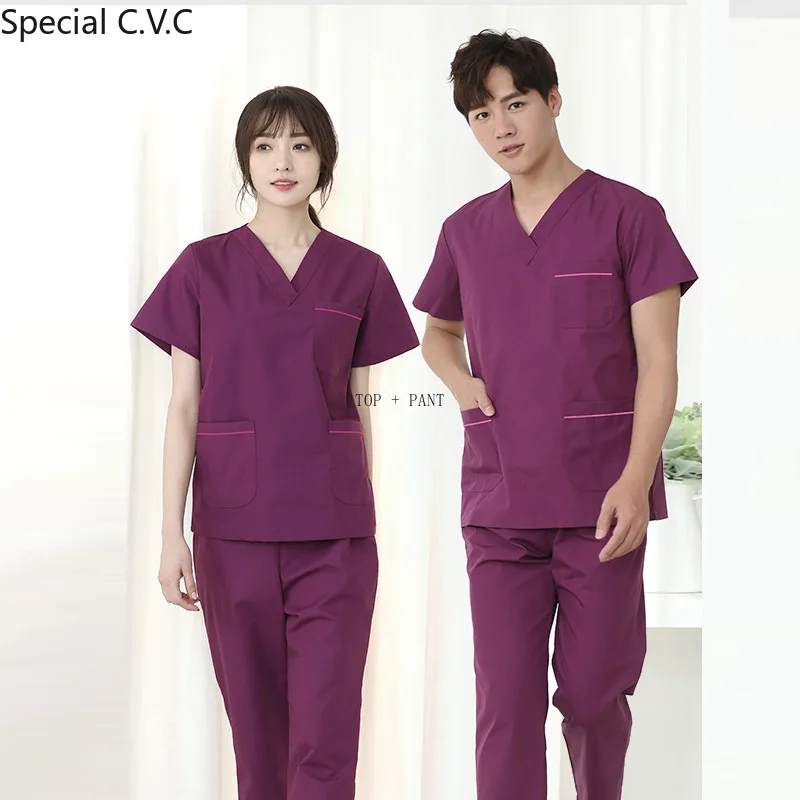 Men's Scrub Set Short Sleeved V-collar Top + Elastic Pants Pure Cotton Surgery Scrubs Color Blocking Design Medical Uniforms