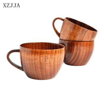 

XZJJA Natural Jujube Big Wooden Cup With Handle Kitchen Bar Accessories Tea Coffee Drinking Wood Cups Milk Beer Wine Tumblers