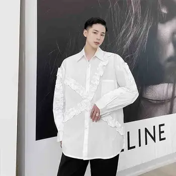 

Small group designer long sleeve loose shirt personalized pleated patch fashion men's fashionable foreign style neutral shirt