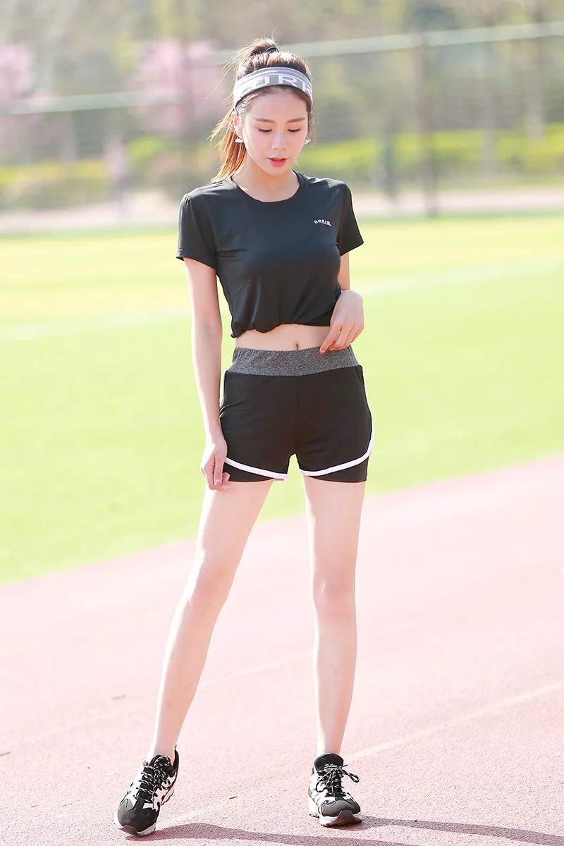 Летний комплект быстросохнущей одежды для бега, спортивная одежда, макет, два предмета, шорты для бега, йоги, фитнеса, Спортивная футболка с короткими рукавами