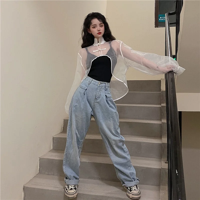 Women Chinese Shirt Chinese Style Clothing Women Fashion Mesh Transparent Tang Suit White See Through Asymmetric Shirt Cheongsam Top 10464 women cheongsam waistcoat