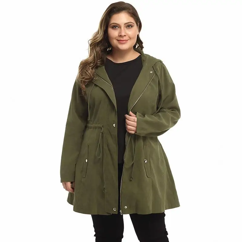 Осень, большой размер, Женская куртка с капюшоном, пояс на талии, длинный рукав, молния, ветровка большого размера, повседневный женский топ - Цвет: Green