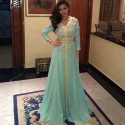 Turquoise Moroccan Kaftan Caftan Muslim Evening Dresses A-line 3/4 Sleeves Chiffon Beaded Dubai Arabic Turkey Abaya Islamic Gown