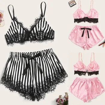 

New ladies lace satin wireless bra strap pajamas bow pajamas set Striped lace fun satin suit pajamas нижнее белье lingerie 30*