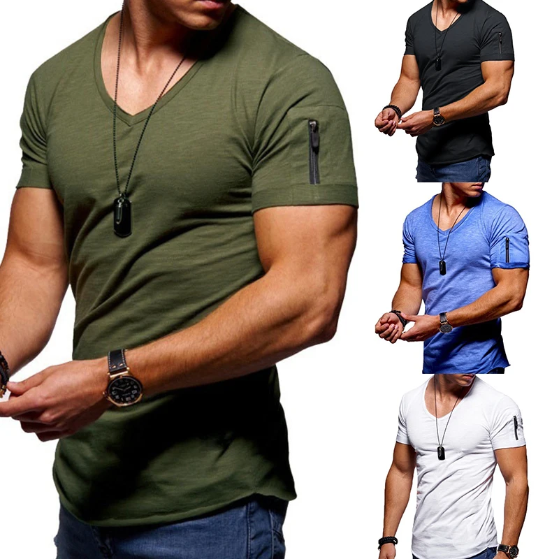 Reducido Nuevo de verano de manga corta con cremallera camiseta casual de hombre Casual cuello V camiseta de moda de los hombres ropa de calle de Fitness camisetas Tops tamaño S-2XL OMZAEJVqa