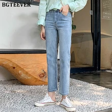 BGTEEVER повседневные женские джинсы с высокой талией и пуговицами, Осень-зима, женские джинсовые брюки с карманами, Женские повседневные длинные штаны