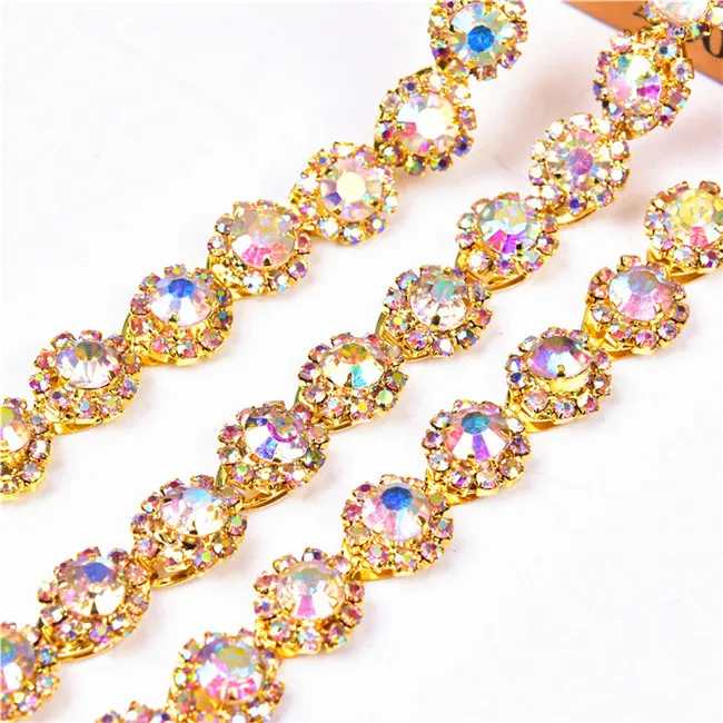 AB crystal with gold 1 ярд 12 мм цветок Форма AB Стразы отделка чашки цепи свадебное платье аппликация стекло камень украшение для пояса створки сумки обувь - Цвет: AB crystal with gold