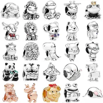 

Original Bright-eyed Turtle Sheep Rabbit Frog Prince Bee Mine Bear Owl Charm 925 Sterling Silver Beads Fit Bracelet DIY Jewelry