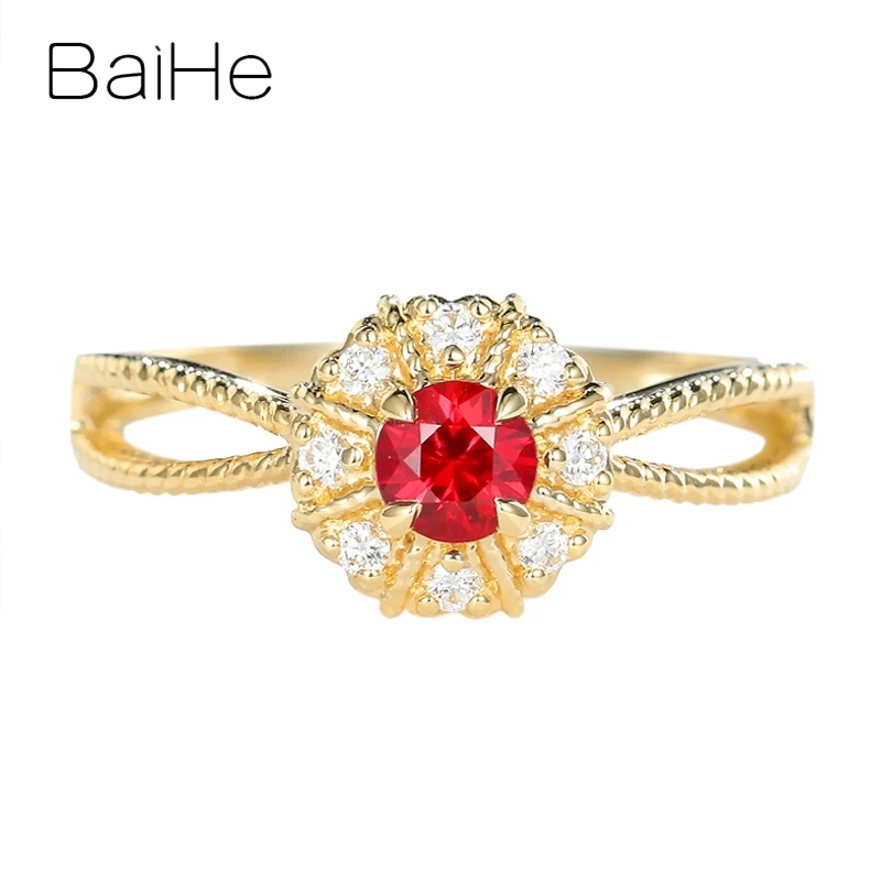 BAIHE Твердое 14 к желтое золото 0.25ct круглый натуральный рубин 0.15ct натуральные бриллианты обручальное кольцо для женщин модный подарок красивое кольцо