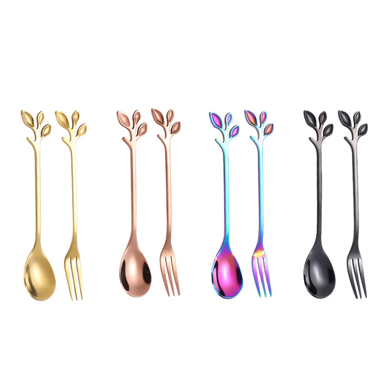 Stainless Steel Leaves Spoon Fork Spoon Coffee Tea Spoons Creative Ice Cream Tools Tableware Kitchen Gadgets Home Decor