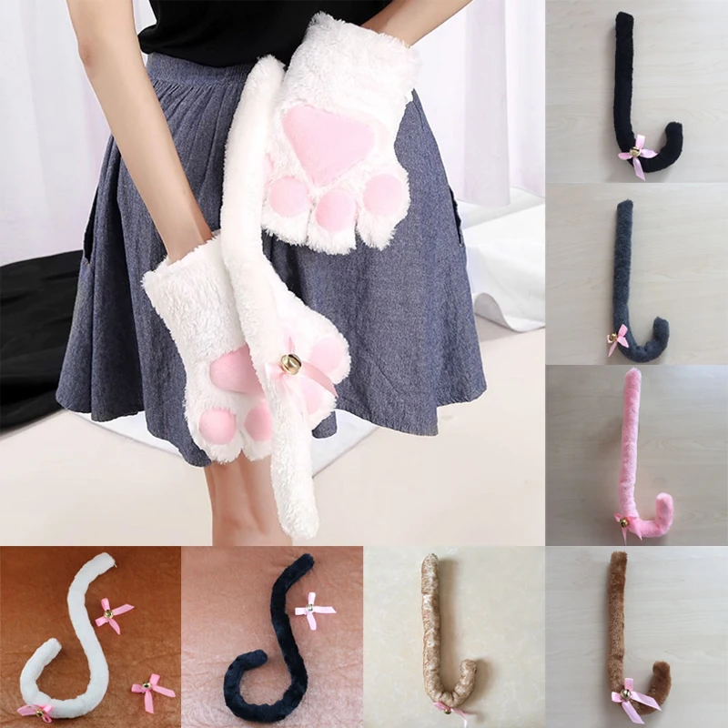 Animal Costume Set 80CM Long Adult Kids Anime Solid Color Plush Cat Wolf Cosplay Props Ears Bandana Tail For Halloween Lolita