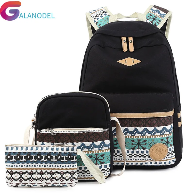 capacity Girls School Bags black Large 3pcs/sets backpack canvas Retro School Bags Children Backpack waterproof Bookbag Mochila