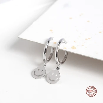 LKO 925 Sterling Silver Simple Smiling Face Pendant Earrings Fashion Punk Jewelry For Men Women Hip Hop Gift Free Shipping