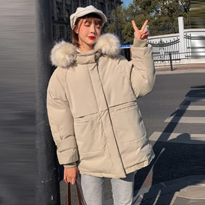 beige Утепленные меховые парки с капюшоном женские зимние пальто корейские однотонные свободные пальто больших размеров женская уличная парка куртка Harajuku верхняя одежда - Цвет: beige