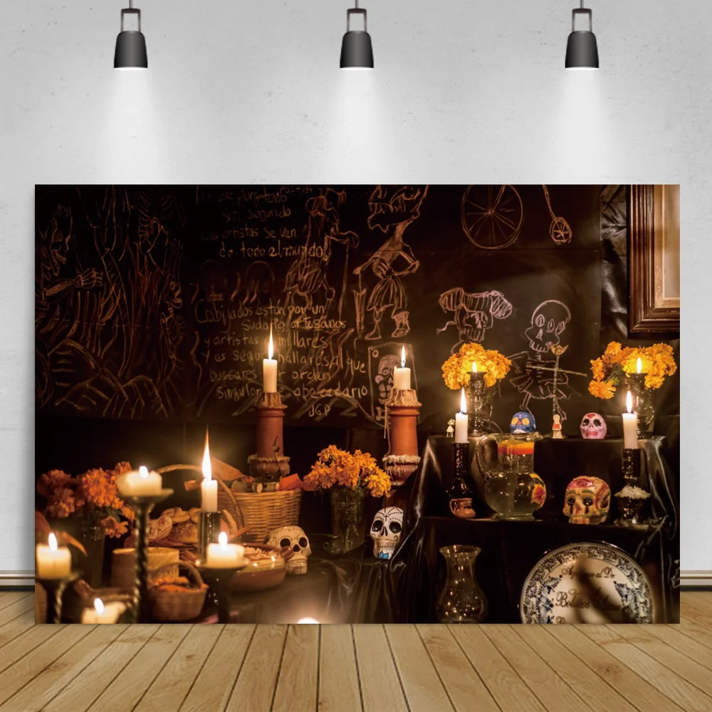 

Laeacco Mexican Day of The Dead Party Background Candlestick Skeleton Photographic Backdrop Flowers Banners Death Photo Studio