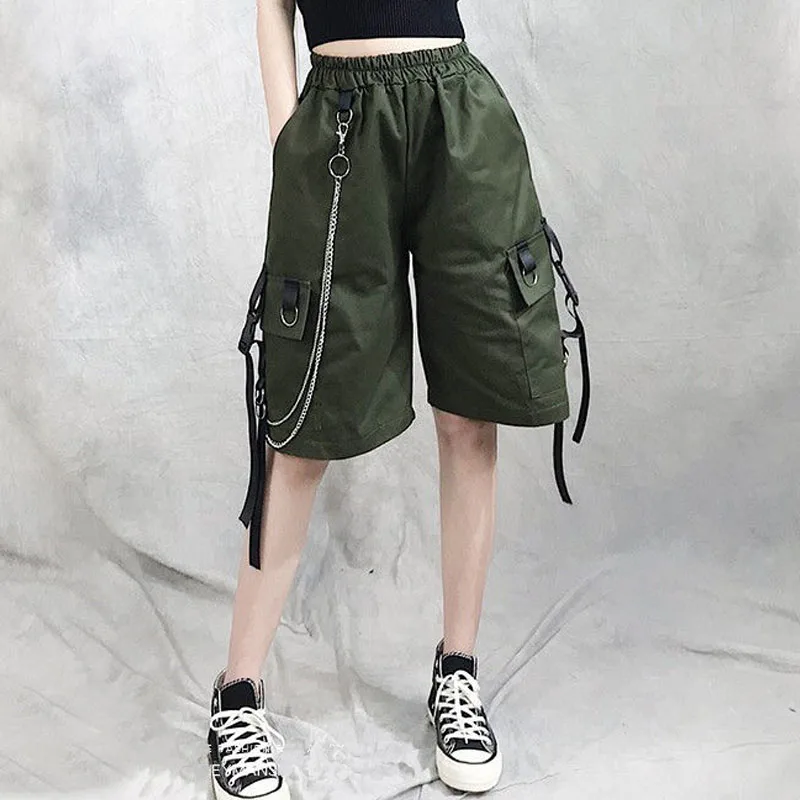 running shorts Summer Women Cargo Shorts Female Loose Straight Casual Short Pants Fashion Elastic Waist Handsome Chain Knee Length Shorts dickies shorts Shorts