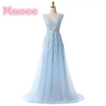 

Hot Sell Sweet Light Blue Lace V-neck Lacing Long Dress The Bride Party Sexy Backless Dresses Custom