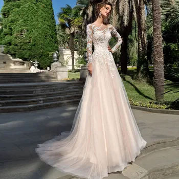 

Long Sleeves Tulle Wedding Dresses A Line Lace Appliques Bridal Wedding Gowns Lace Up Vestido De Noiva Back Button Floor Length